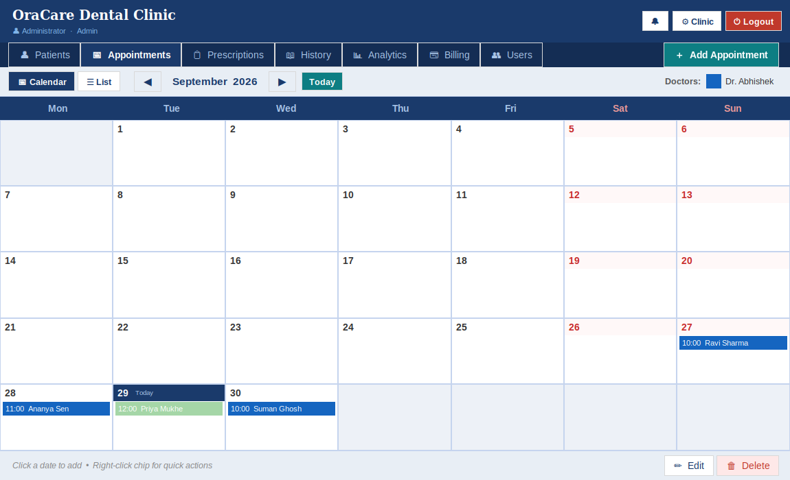 OraCare Software monthly appointments calendar